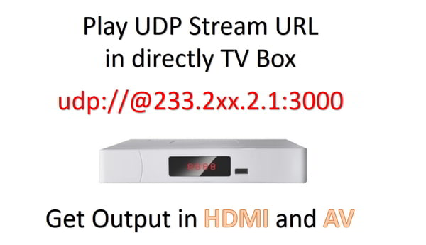 Now convert UDP Live Streaming to HDMI and Audio Video using UDP Streaming TV Box or UDP Streaming Set-Top Box. Distribute any (IPTV Channel) Internet TV channel to any Cable TV network.