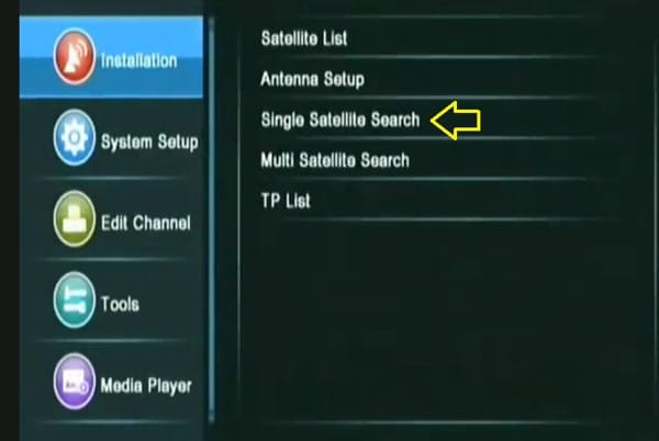 Now again you will see the installation menu, now click on "Single Satellite Search" Now again you will see the installation menu, now click on "Single Satellite Search"