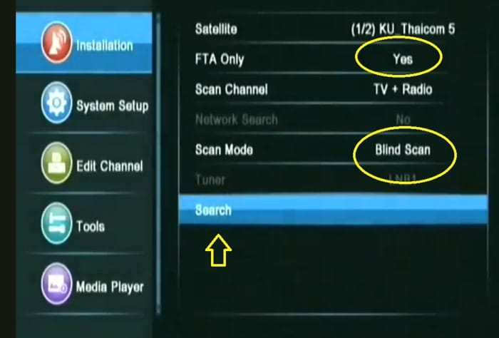 in "Single Satellite Search" change settings according to the given below picture. Click on the "Search" option in "Single Satellite Search" change settings according to the given below picture. Click on the "Search" option
